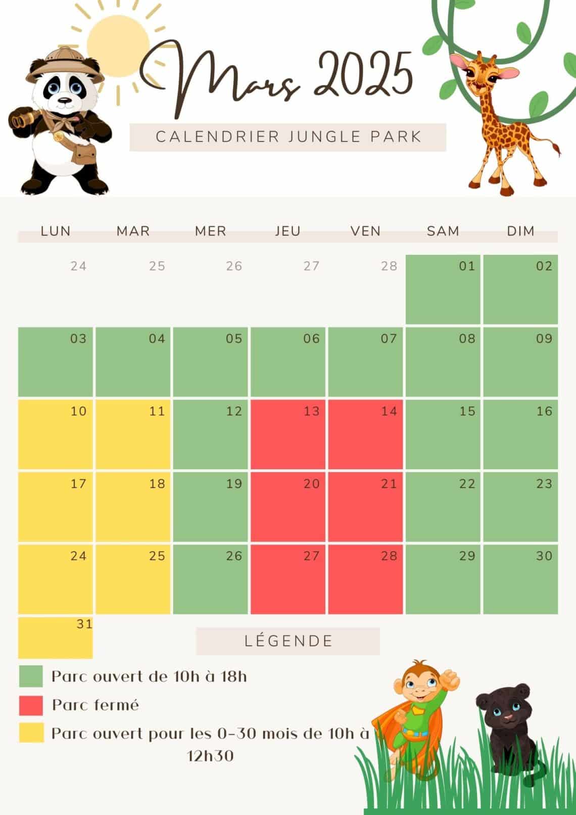 calendrier ouverture mars 2025 jungle park roanne